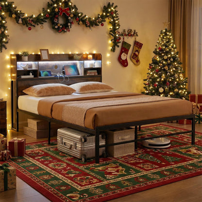 Double/King Size Bed Frame with LED Lights and Charging Station