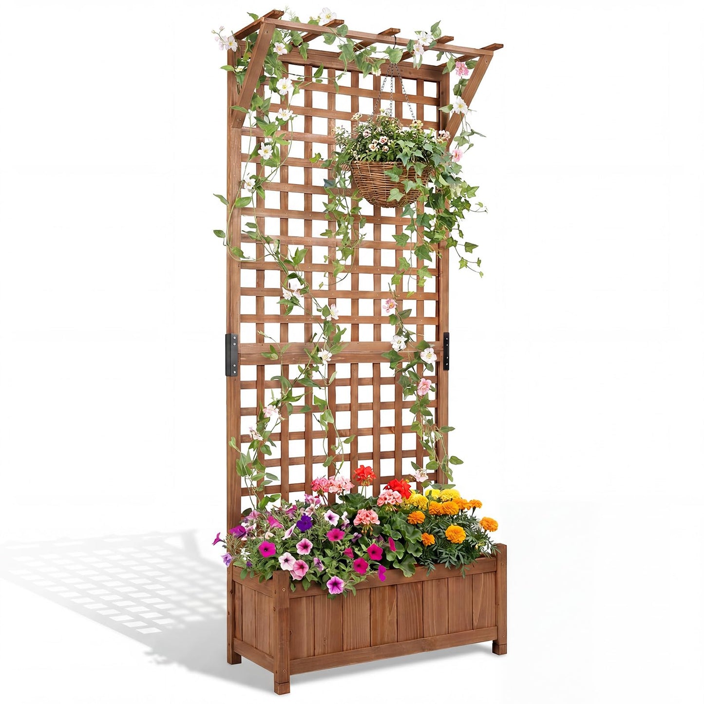 Raised Garden Bed with Trellis, Wooden Trough Planter, Outdoor Garden Weather-Resistant Plant Rack for Vines