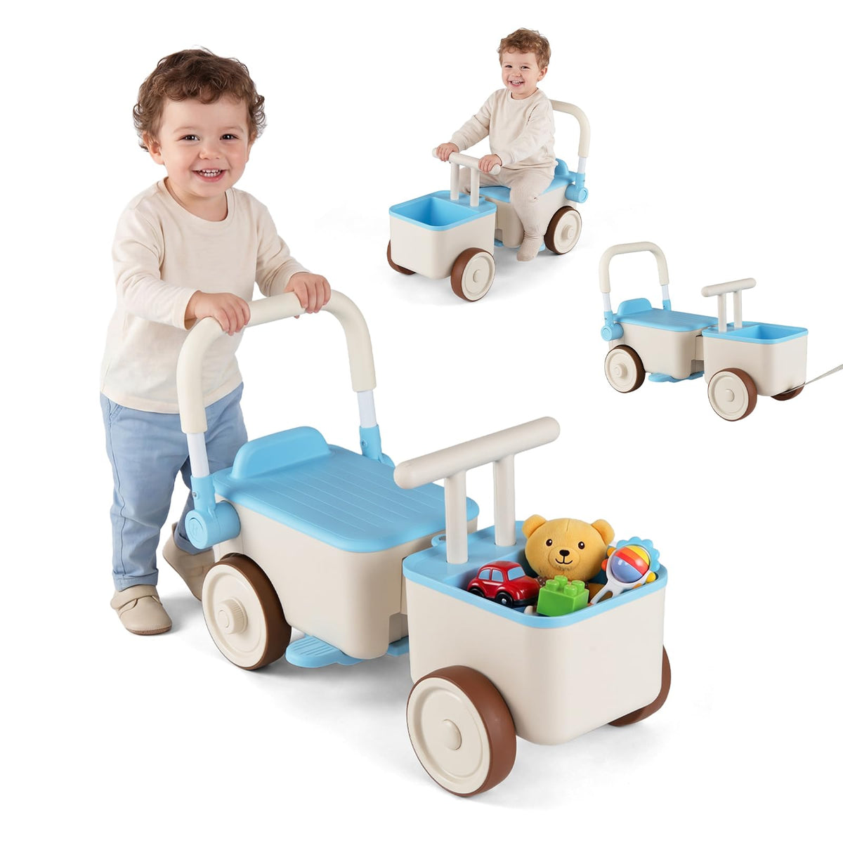3-in-1 Kids Ride On Push Car with Foldable Push Handle and Storage Basket