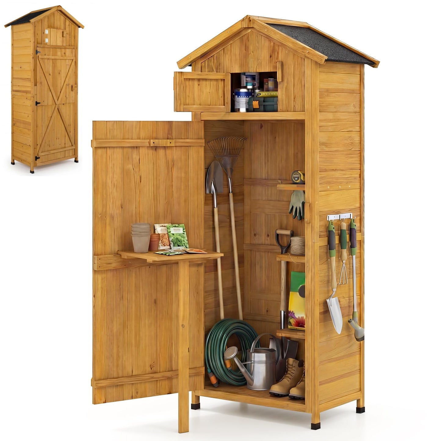Wooden Garden Shed, Outdoor Tool Storage Cabinet with Foldable Table