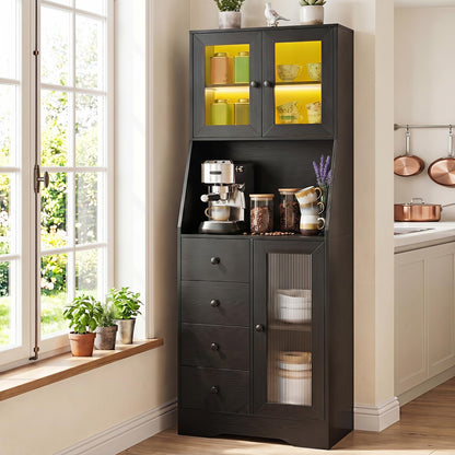 Kitchen Pantry Cabinet with Adjustable LED Lights, 4 Drawers
