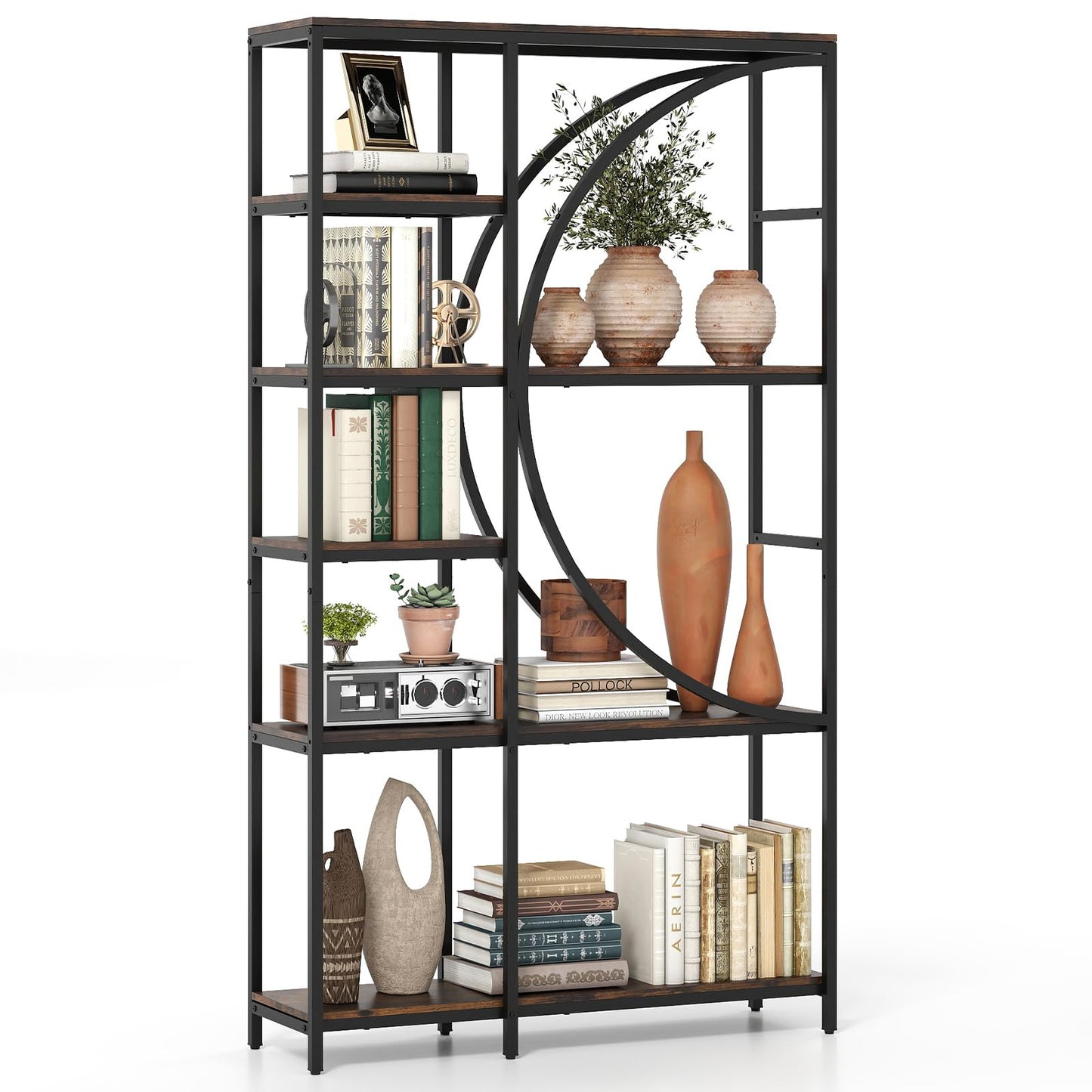 6-Tier Industrial Etagere Bookshelf with Open Storage Shelves and Arc-Shaped Design