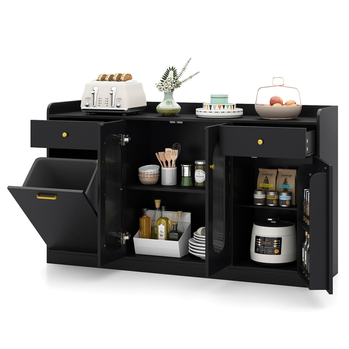 140cm Buffet Sideboard, Tilt Out Trash Can Cabinet with Glass Doors