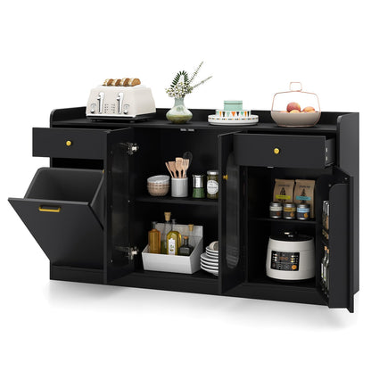 140cm Buffet Sideboard, Tilt Out Trash Can Cabinet with Glass Doors