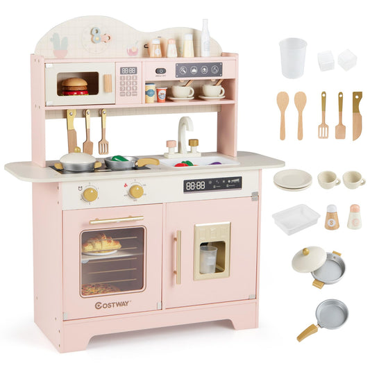 Wooden Toy Kitchen, Kids Pretend Play Kitchen with 17 Pcs Accessories
