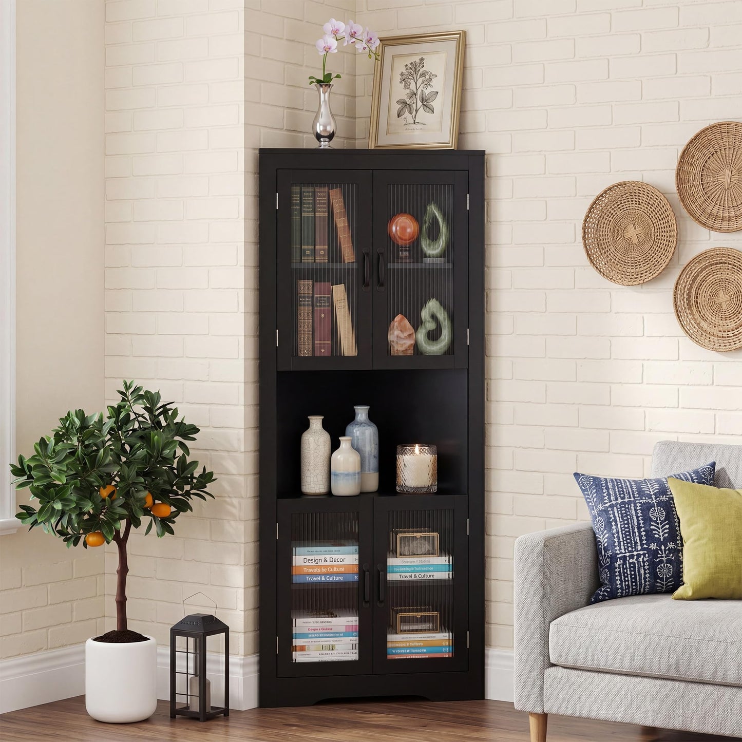 171cm Tall Space-saving Corner Cabinet with 4 Tempered Glass Doors and Adjustable Shelves