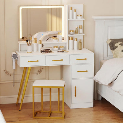 Dressing Table with LED Mirror and Stool, Makeup Table Vanity Desk Set