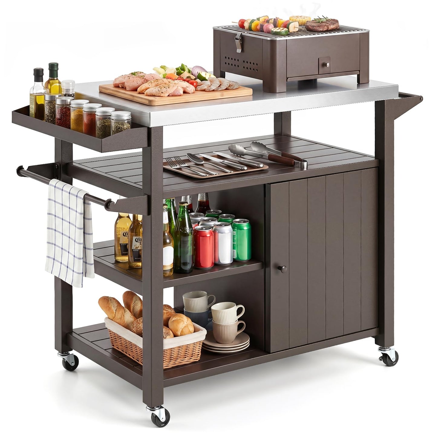 Outdoor Grill Cart Movable Prep Table with Storage Cabinet
