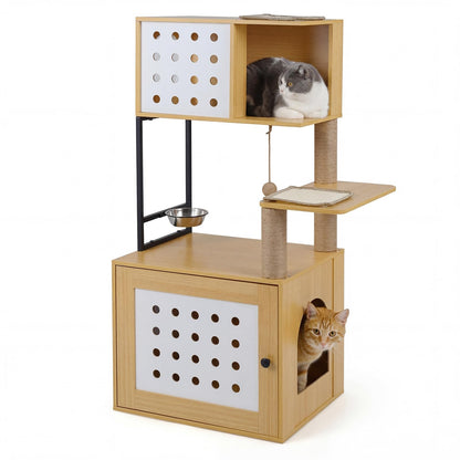 Cat Litter Box Enclosure Cat Tree Play Tower| Cats House Activity Center Hidden Washroom Toilet