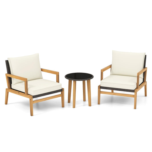 Wooden Patio Bistro Set with Soft Cushions and Tempered Glass Tabletop,