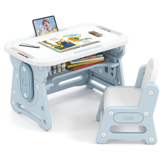 Kids Table and Chair Set with Tiltable Whiteboard and Book Stand