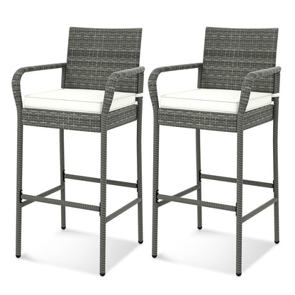 All Weather Outdoor Wicker Bar Stools Set with Soft Seat Cushions