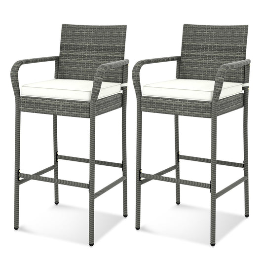 All Weather Outdoor Wicker Bar Stools Set with Soft Seat Cushions