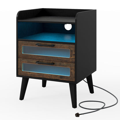 Mid Century Nightstand Modern Bedside Table with Charging Station