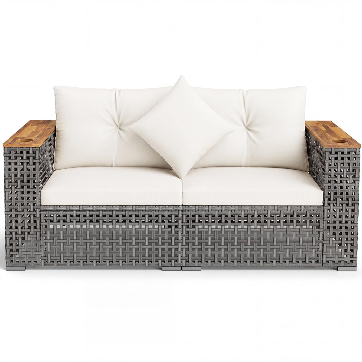 2 Seater Rattan Sofa Set, Outdoor Wicker Garden Furniture with Thick Padded Cushions