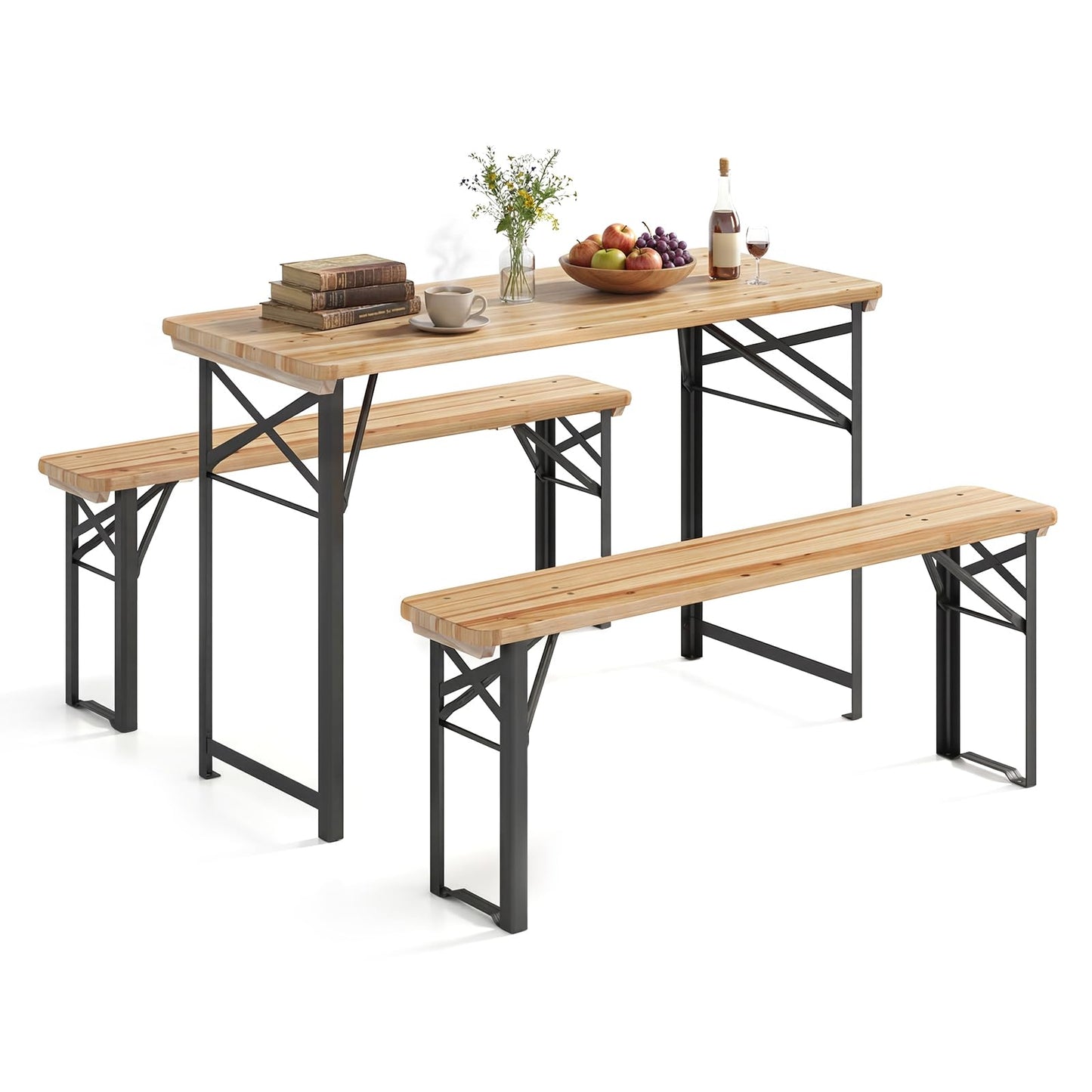 3 Piece Folding Picnic Table and Bench Set, Wooden Portable Camping Trestle Table Chairs