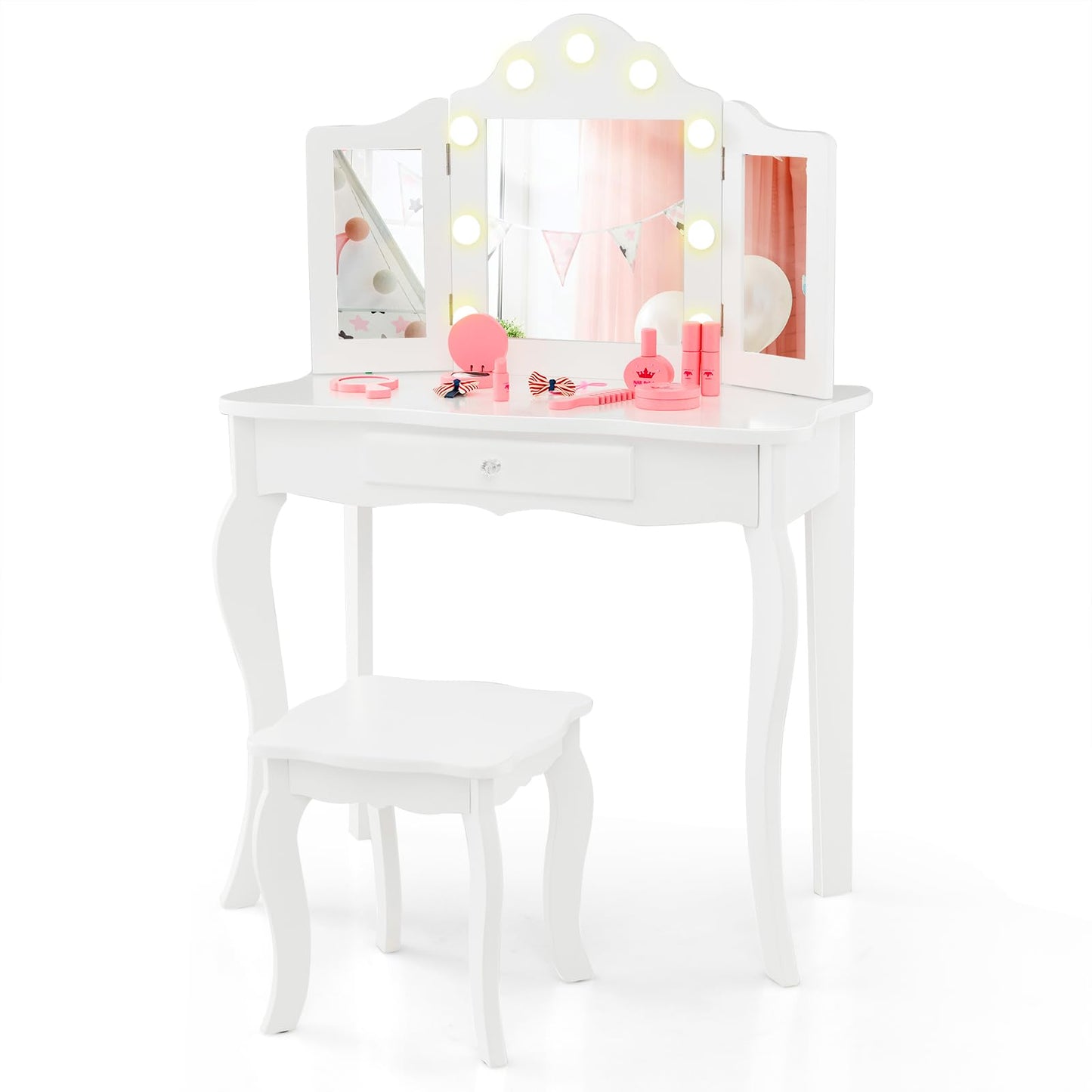Kids Vanity Table and Stool Set with Real Glass Tri-Folding Mirror and Drawer