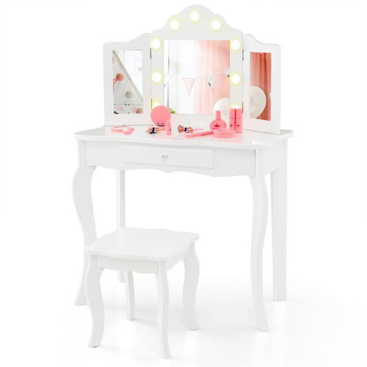 Kids Vanity Table and Stool Set with Real Glass Tri-Folding Mirror and Drawer