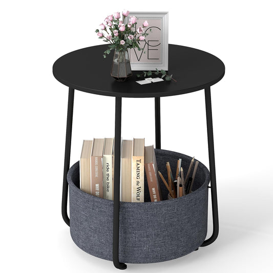 2-Tier End Table with Fabric Storage Basket and Metal Frame