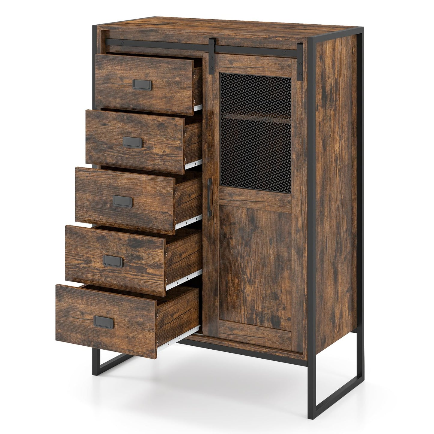 Storage Cabinet with Sliding Door & 5 Drawers