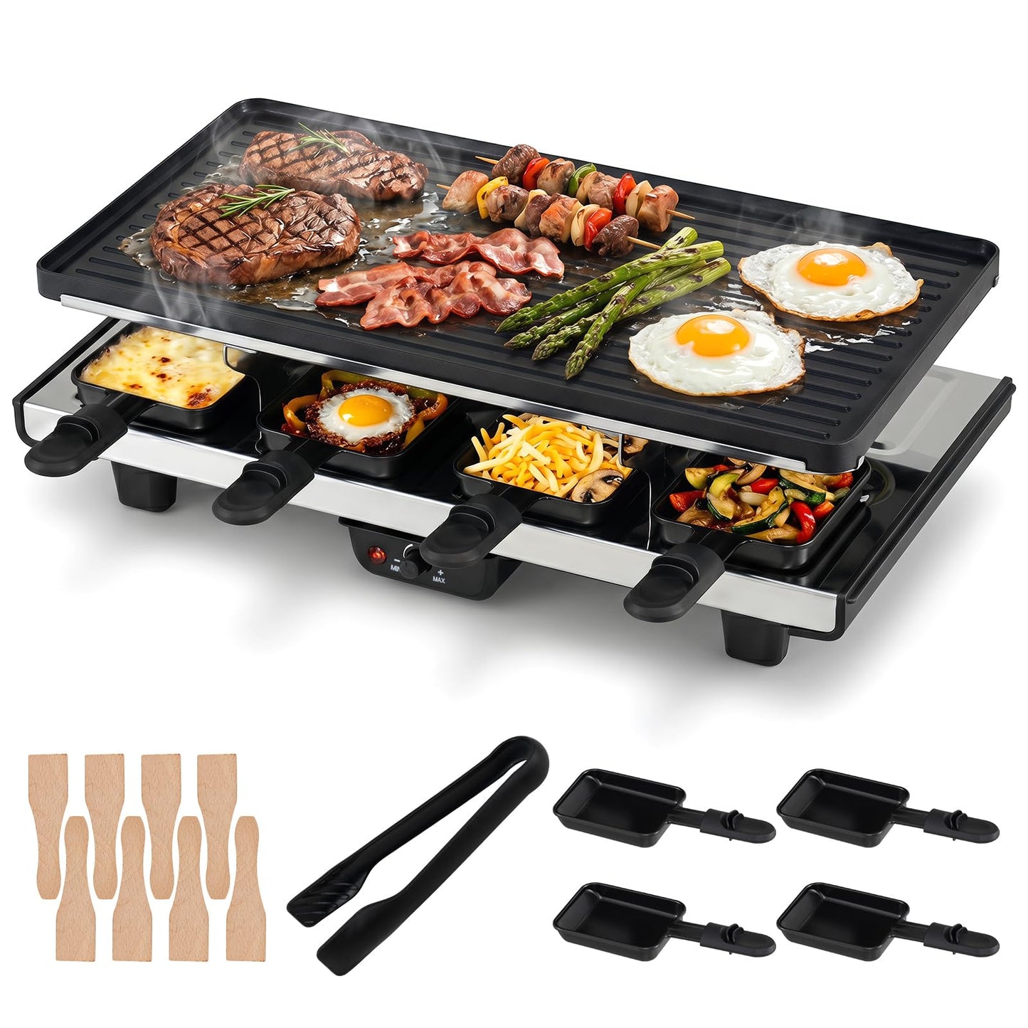 2 in 1 reversible non-stick griddle plate, 8 pans, 8 wooden spatulas, tong, adjustable temperature, indoor party cooking
