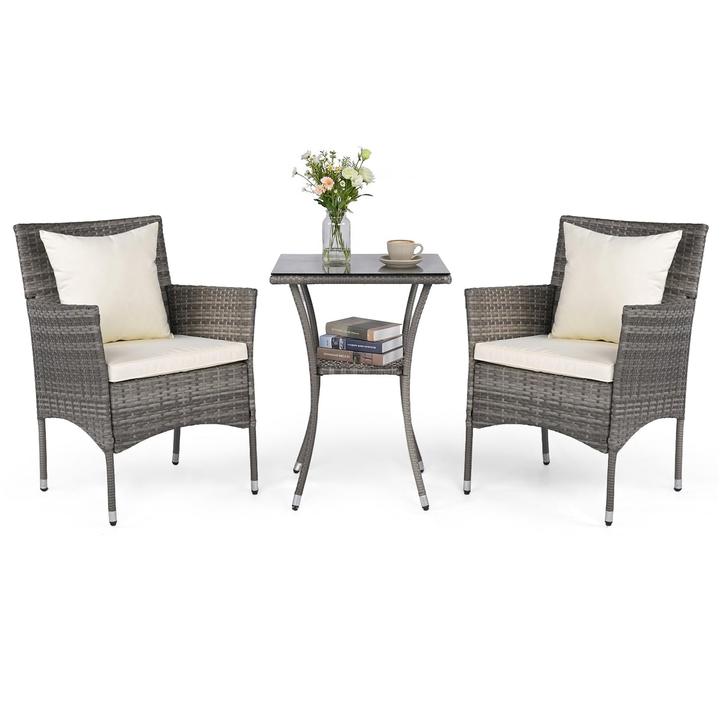 3-Piece Patio Bistro Set, PE Rattan Furniture Set with 2 Cushioned Chairs and Tempered Glass Table