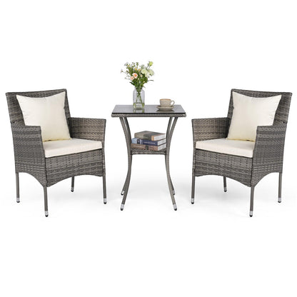 3-Piece Patio Bistro Set, PE Rattan Furniture Set with 2 Cushioned Chairs and Tempered Glass Table
