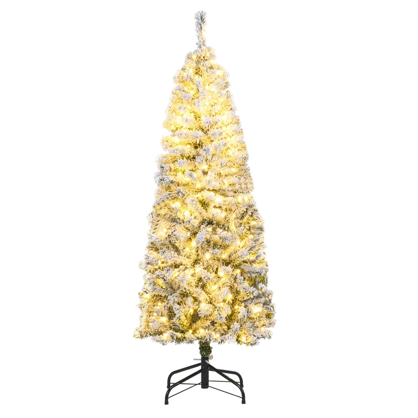 Pre-lit Snow Flocked Christmas Tree, Hinged Artificial Slim Pencil Xmas Tree with Lights