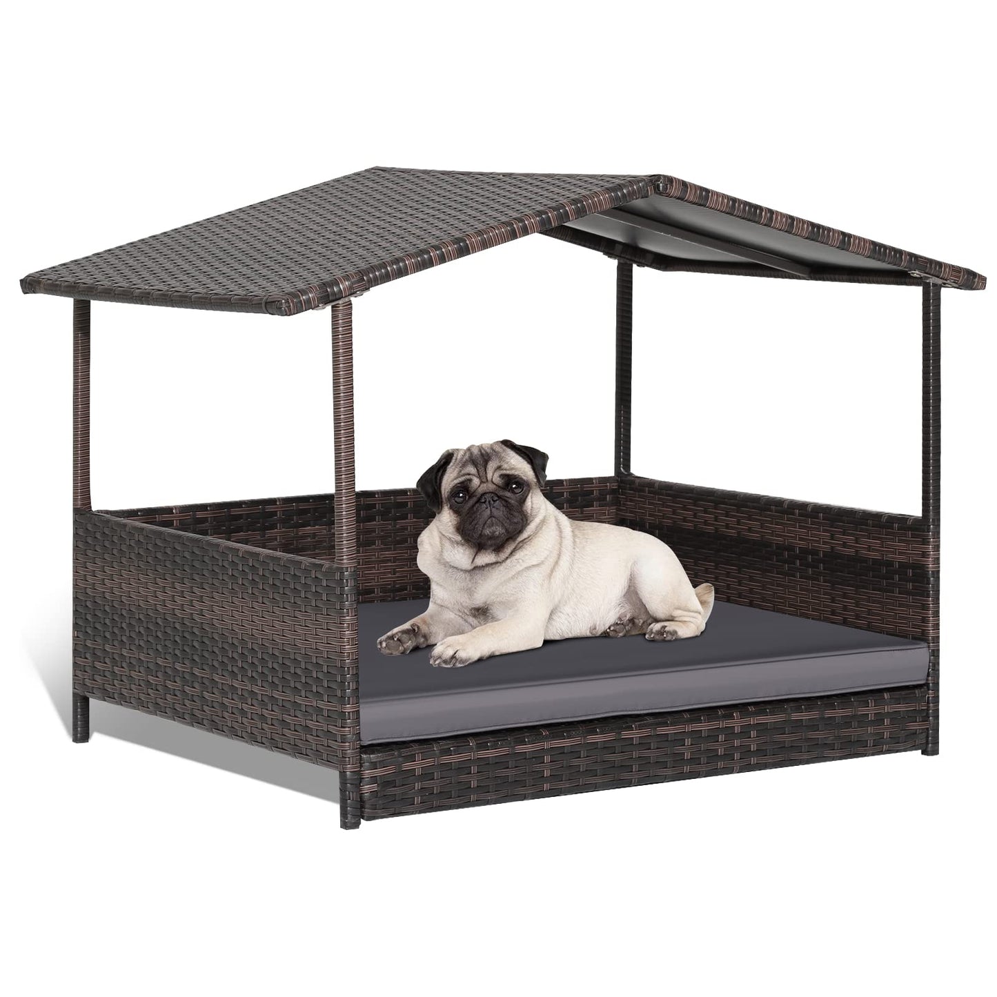 Wicker Dog House with Roof and Removable Cushion for Living Room Yard