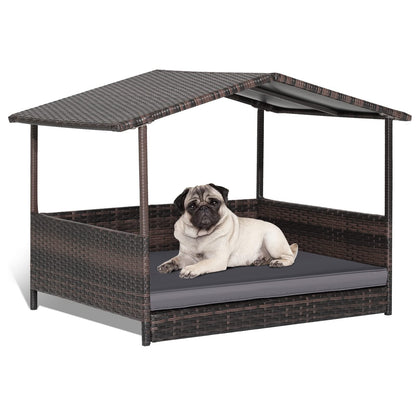 Wicker Dog House with Roof and Removable Cushion for Living Room Yard