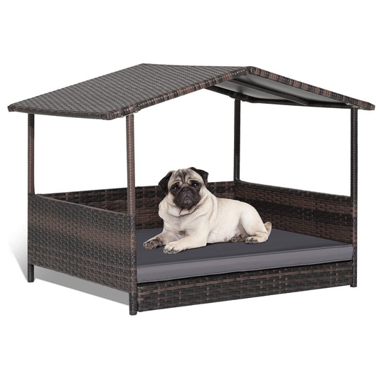 Wicker Dog House with Roof and Removable Cushion for Living Room Yard