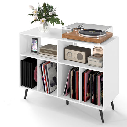 Record Player Stand with Charging Station and Storage Shelves