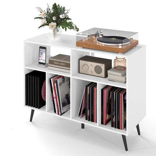 Record Player Stand with Charging Station and Storage Shelves