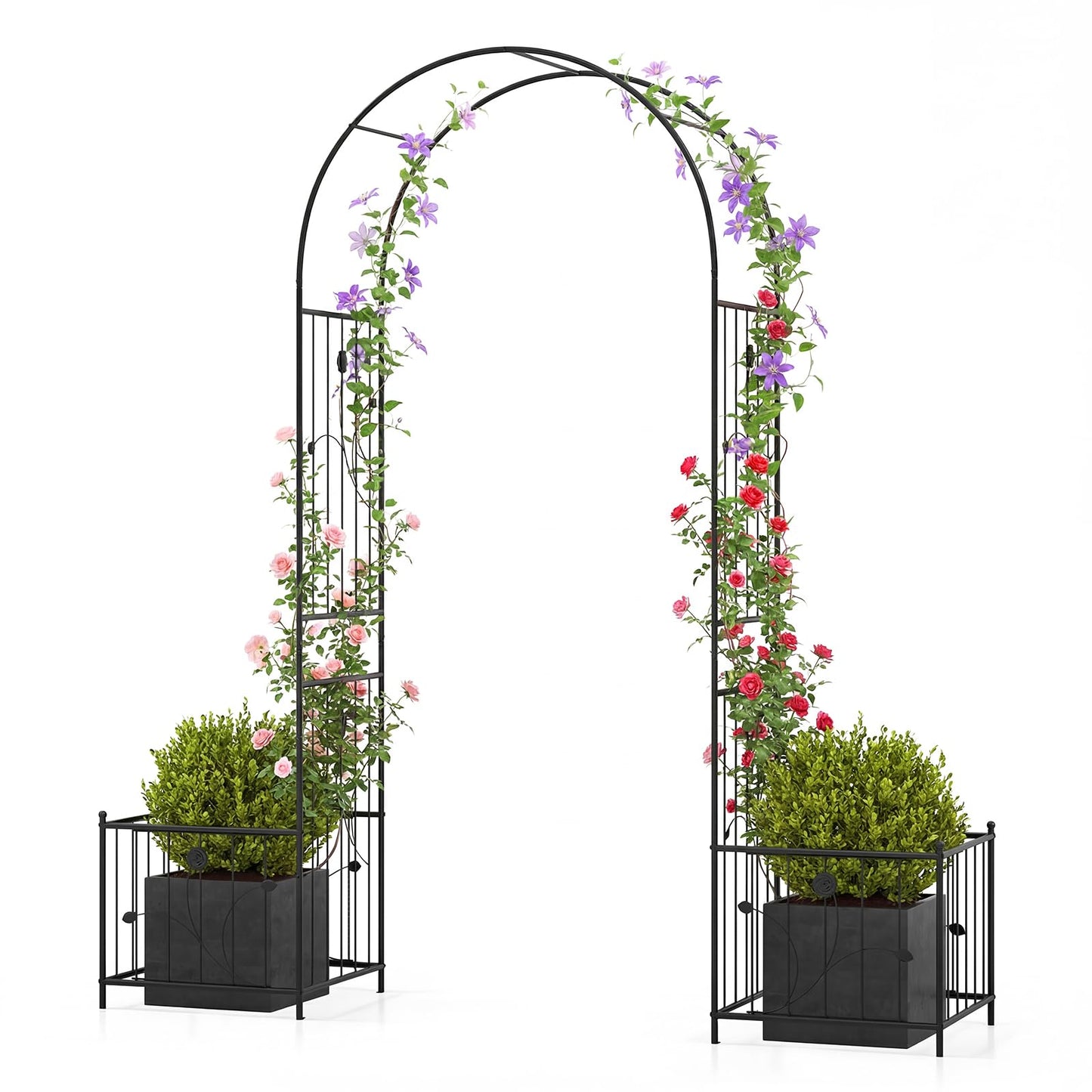 Metal Garden Arbor with Planter Boxes and Ground Stakes for Climbing Plants