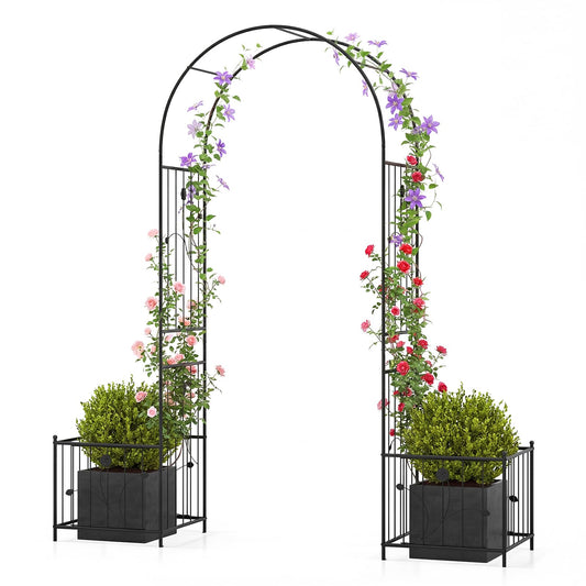 Metal Garden Arbor with Planter Boxes and Ground Stakes for Climbing Plants