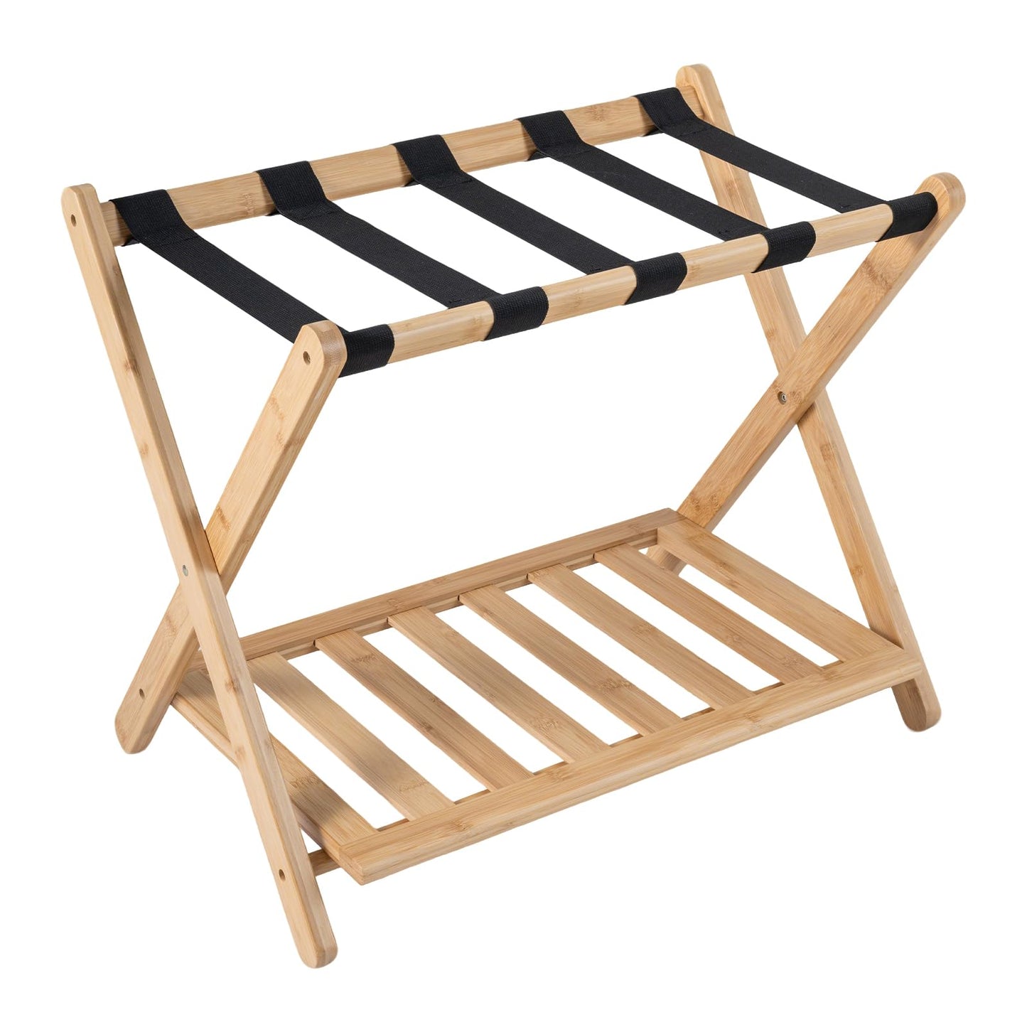 Bamboo Luggage Rack, Folding Suitcase Stand with Straps and Storage Shelf