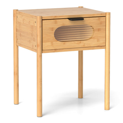 Farmhouse Bedside Table with Tempered Glass Decorated Drawer