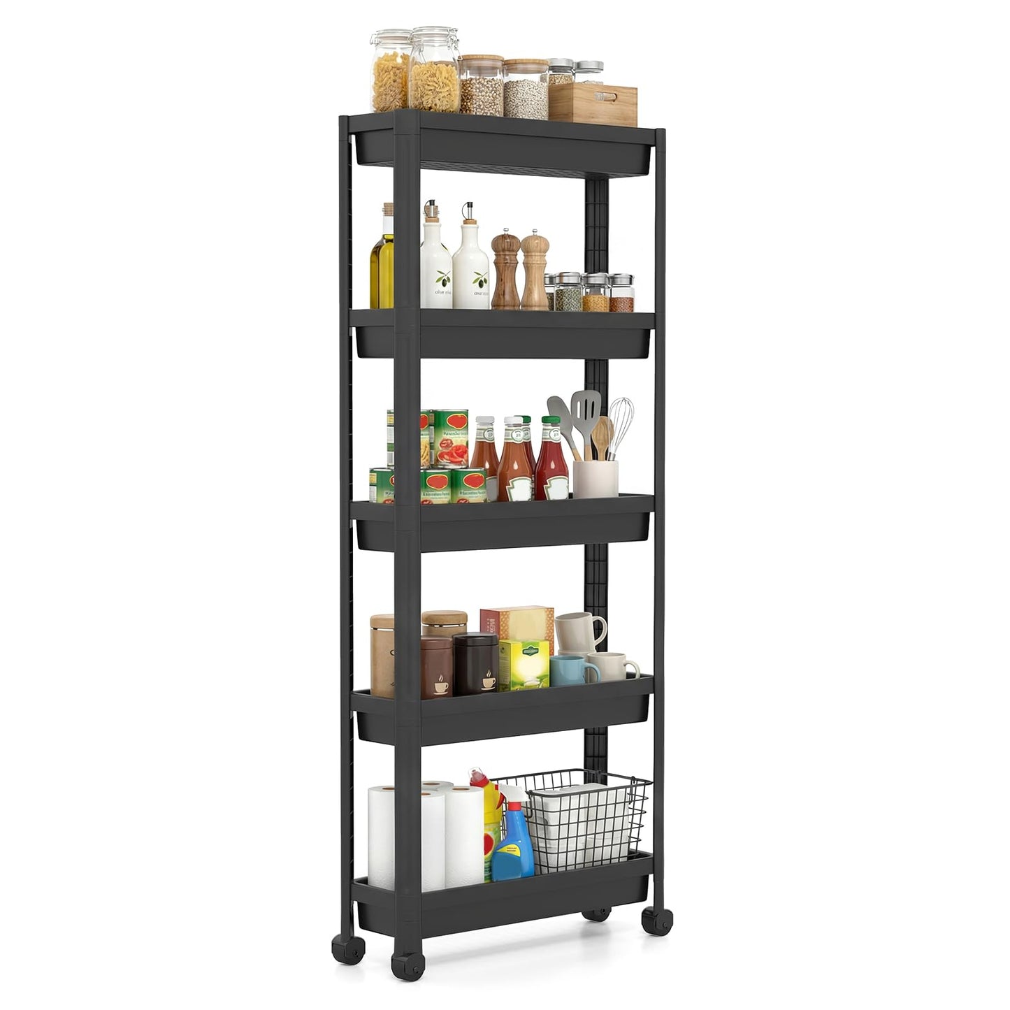5-Tier Slim Rolling Storage Cart with Smooth Wheels for Kitchen
