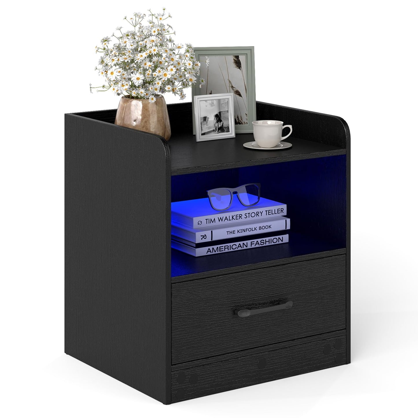 Modern Nightstand with Drawer and Open Shelf for Living Room and Bedroom