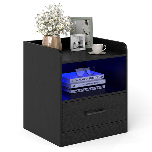 Modern Nightstand with Drawer and Open Shelf for Living Room and Bedroom