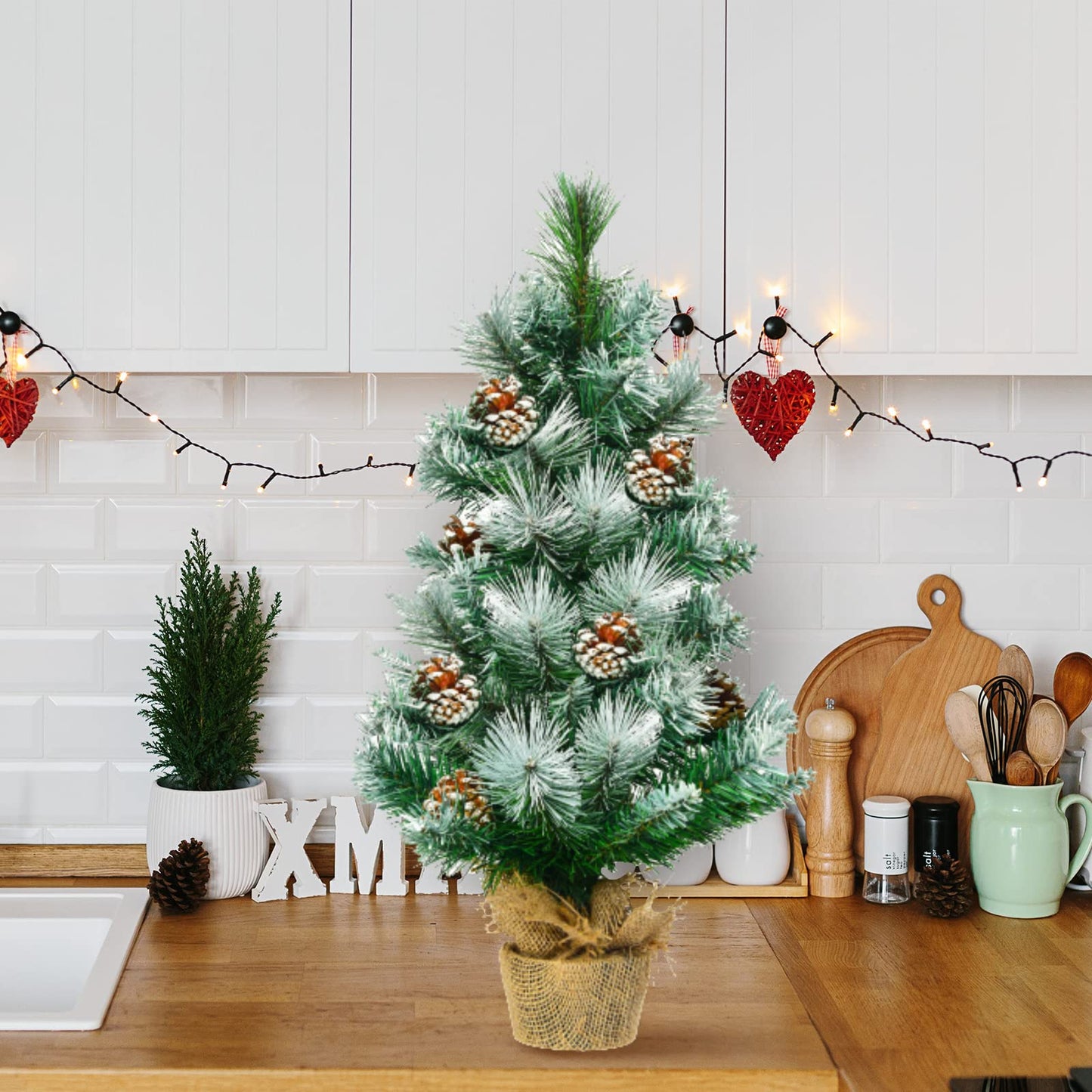 2 Feet Snow Flocked Pine Artificial Christmas Tree with Pine Cones