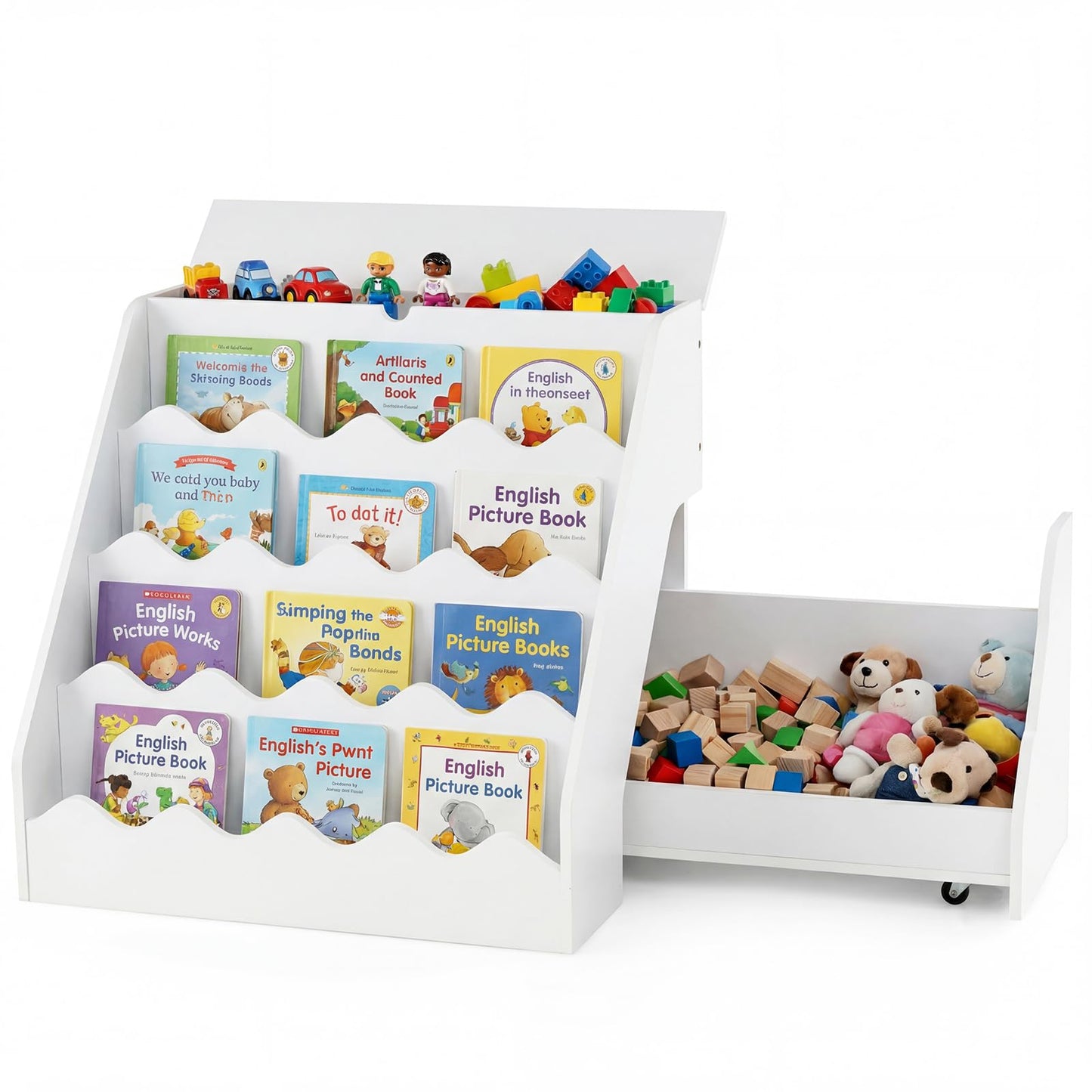 Kids Bookshelf, Wooden Toddler Book Toy Storage Organizer