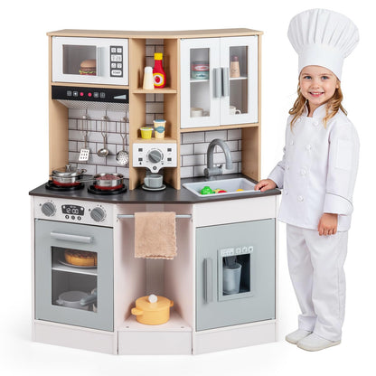 Wooden Kitchen Playset with Sound and Light for Boys Girls