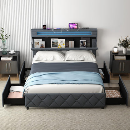 Modern Upholstered Bed Frame with Led Lights and Charging Station