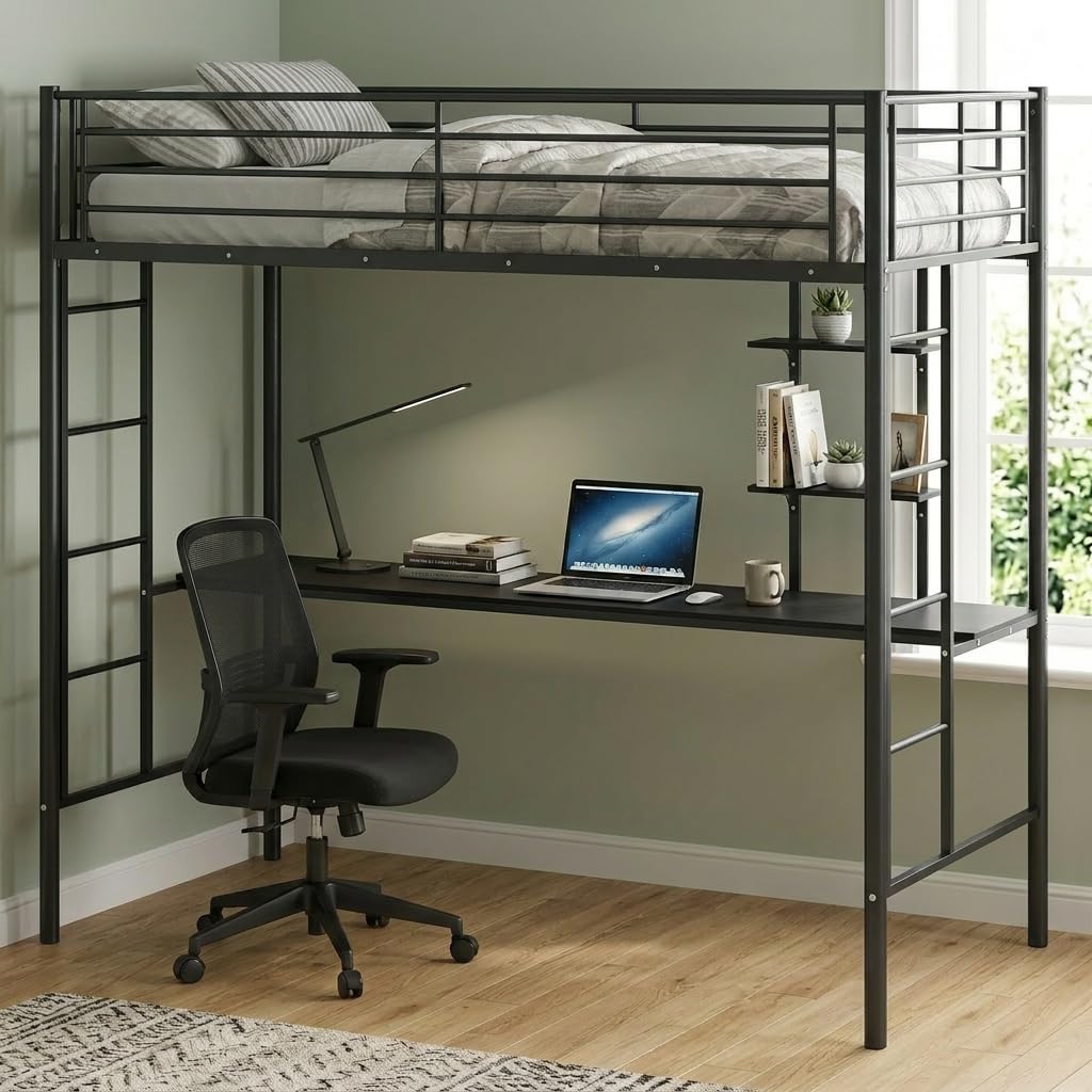 Metal Bunk Bed with Desk, Space-Saving High Sleeper Bed