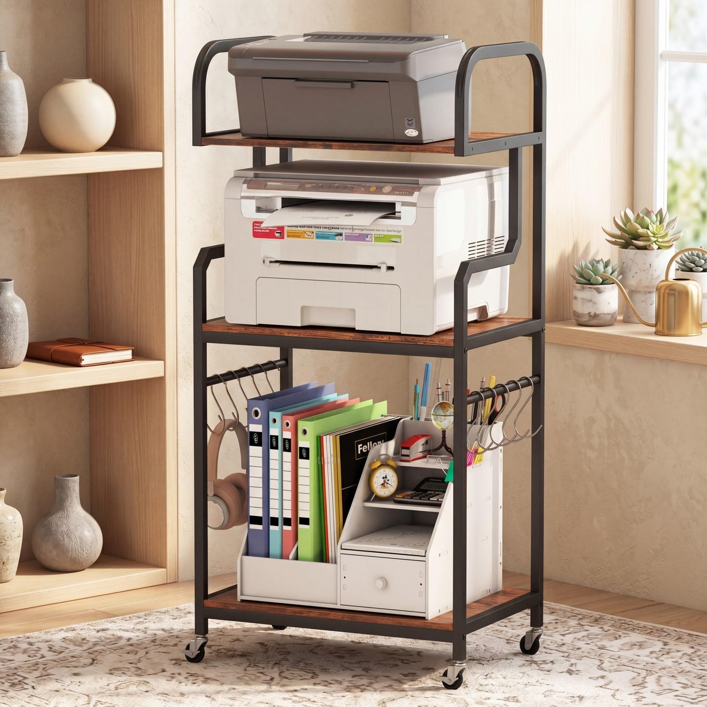 3-Tier Rolling Printer Stand with Storage Shelves and Hooks