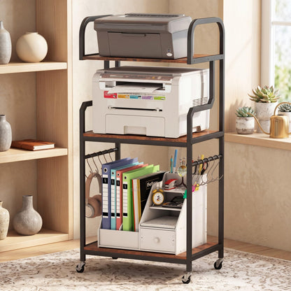 3-Tier Rolling Printer Stand with Storage Shelves and Hooks