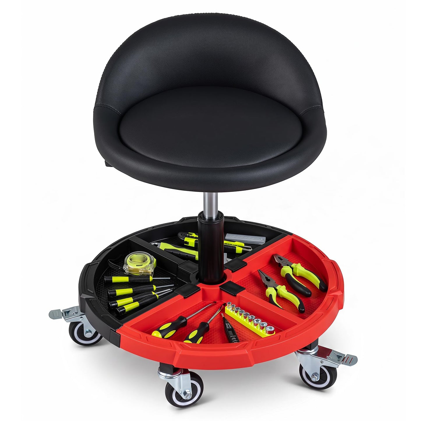 150 KG Max Weight Capacity 360° Rolling Mechanic Stool with Tool Storage Tray Backrest