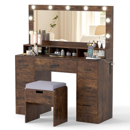 Dressing Table with Large Mirror and Cushioned Storage Stool
