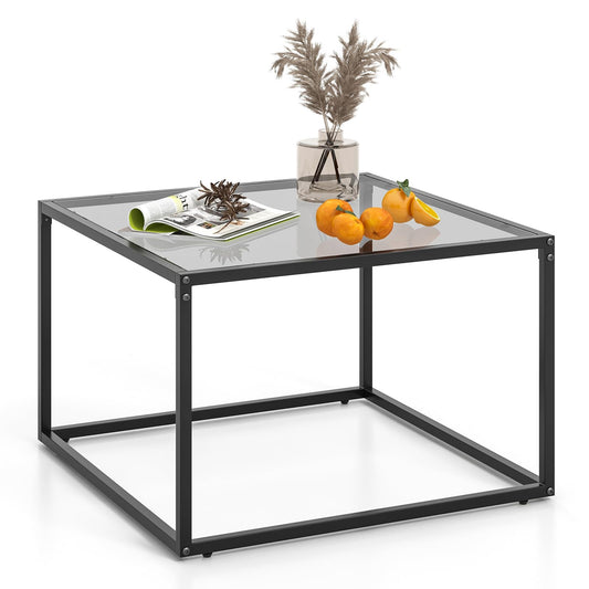 Giantex Square Coffee Table Tempered Glass Sofa Side Table with Adjustable Foot Pads (without Mesh Shelf)
